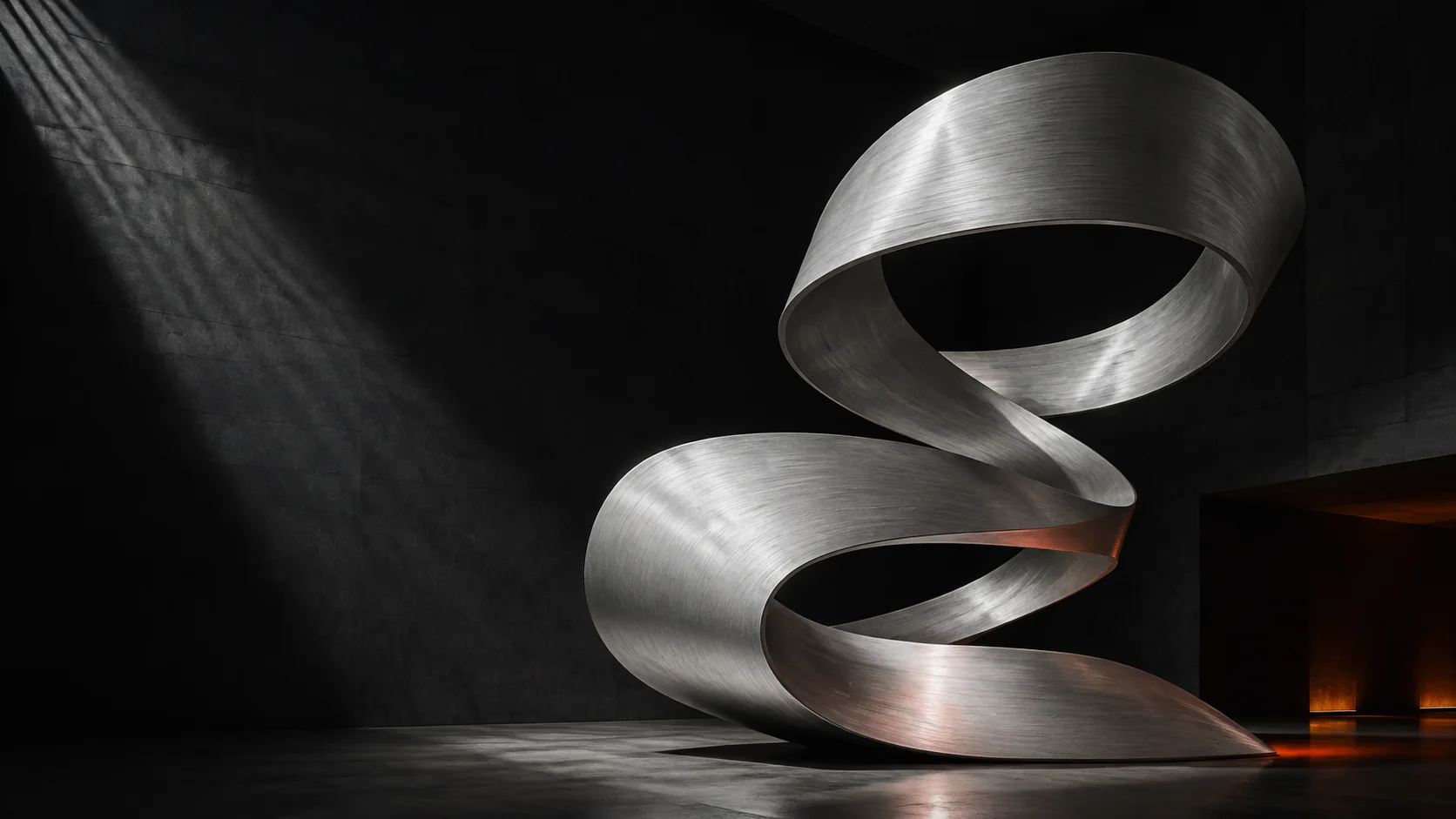 Continuous silver ribbon sculpture, a study in connection and movement
